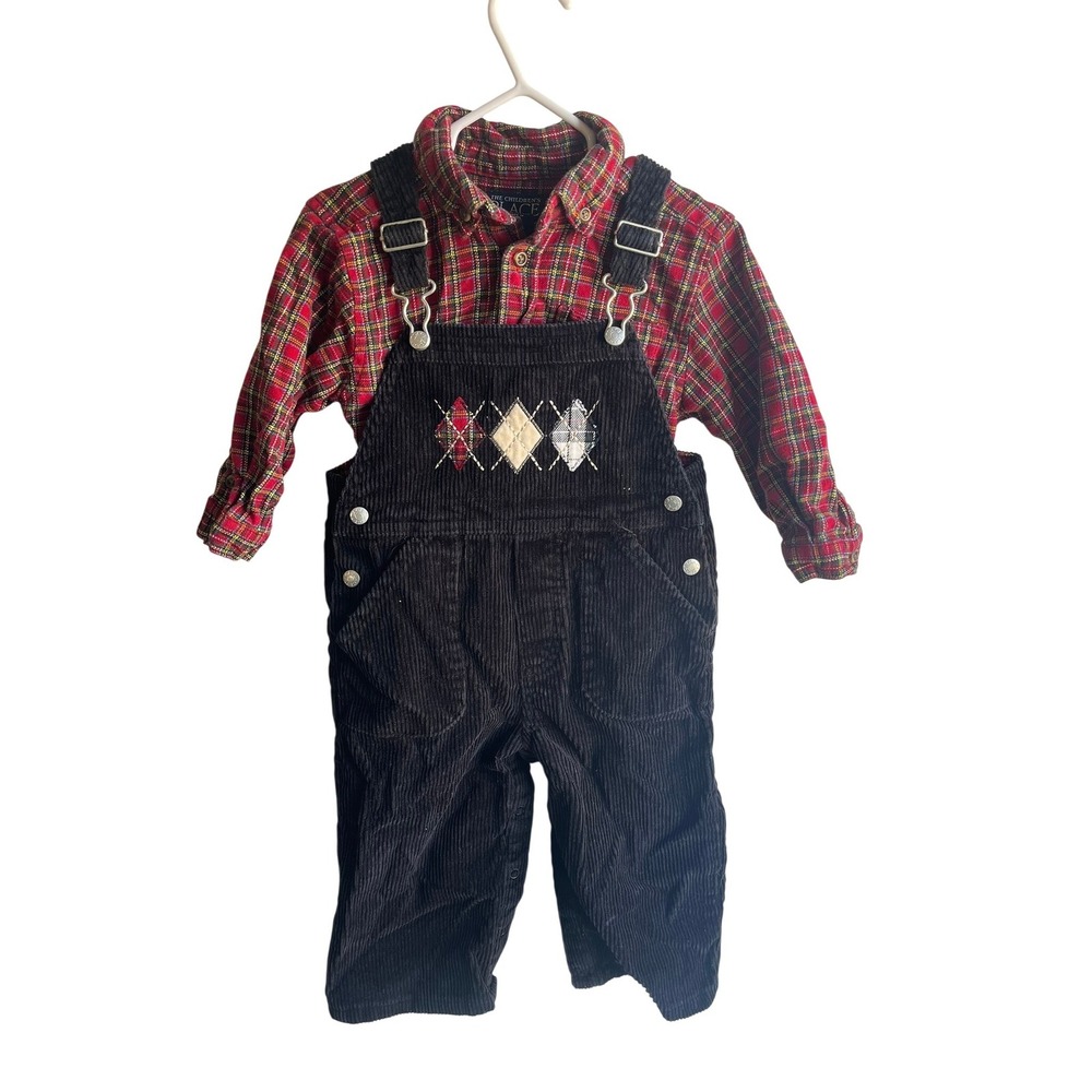 90's The Children's Place Baby Boys Corduroy Overalls and Flannel‎ Holiday Set